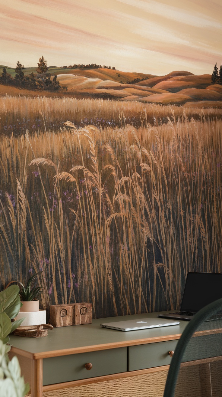 A prairie grassland scene painted on a home office wall, featuring golden grasses and rolling hills under a soft sunset.