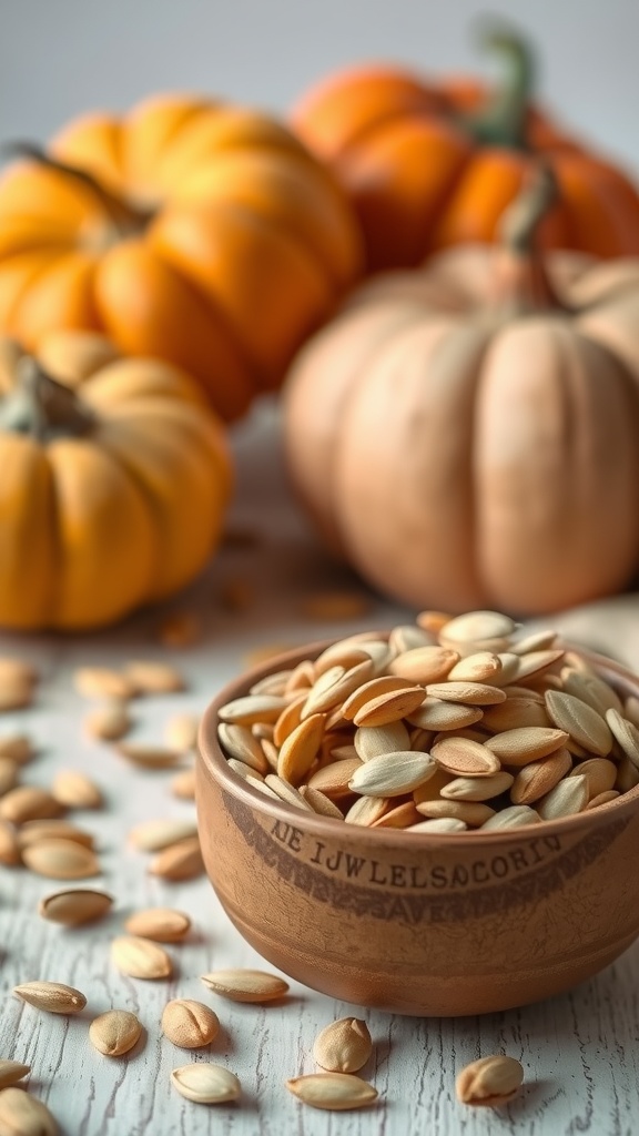 A bowl of pumpkin seeds surrounded by various pumpkins on a wooden surface