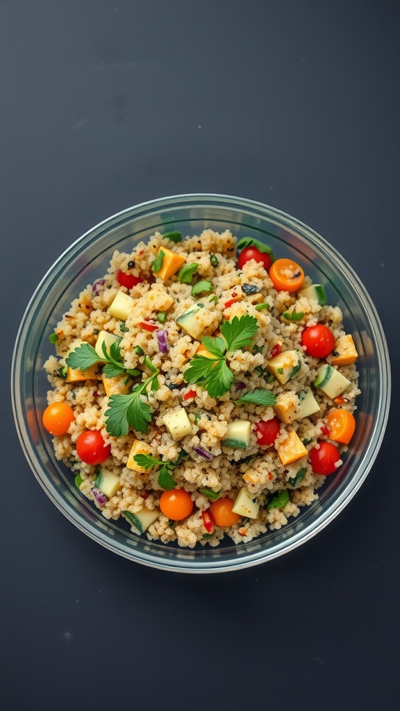 A bowl of quinoa salad with cherry tomatoes, cucumber, and herbs, representing healthy eating.