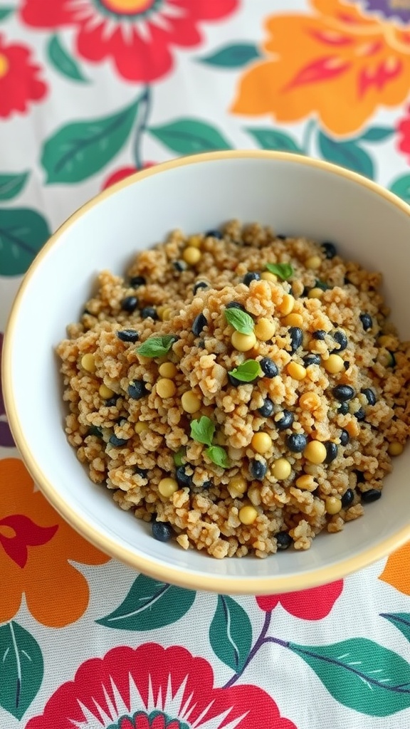 A bowl of quinoa with black beans and chickpeas on a vibrant floral tablecloth.