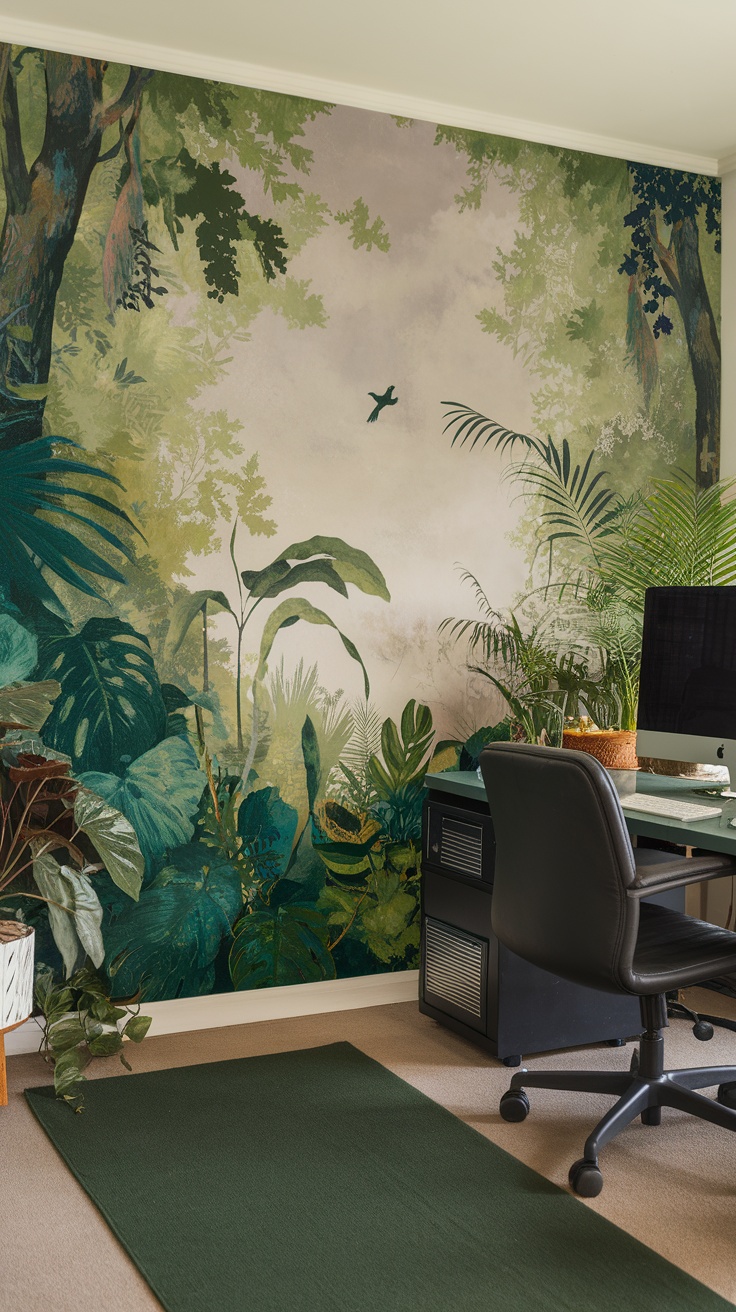 A home office with a rainforest canopy mural on the wall, featuring lush green plants and a desk with a computer.