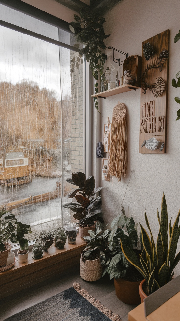 A cozy home office corner with a rainy window view, plants, and wall art.