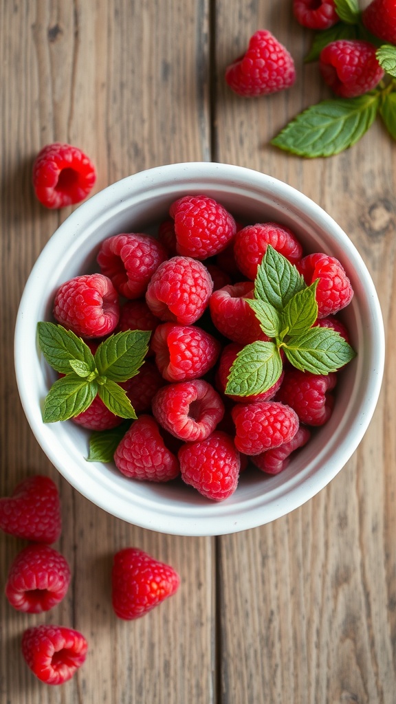 A bowl of fresh raspberries with mint leaves on a wooden surface