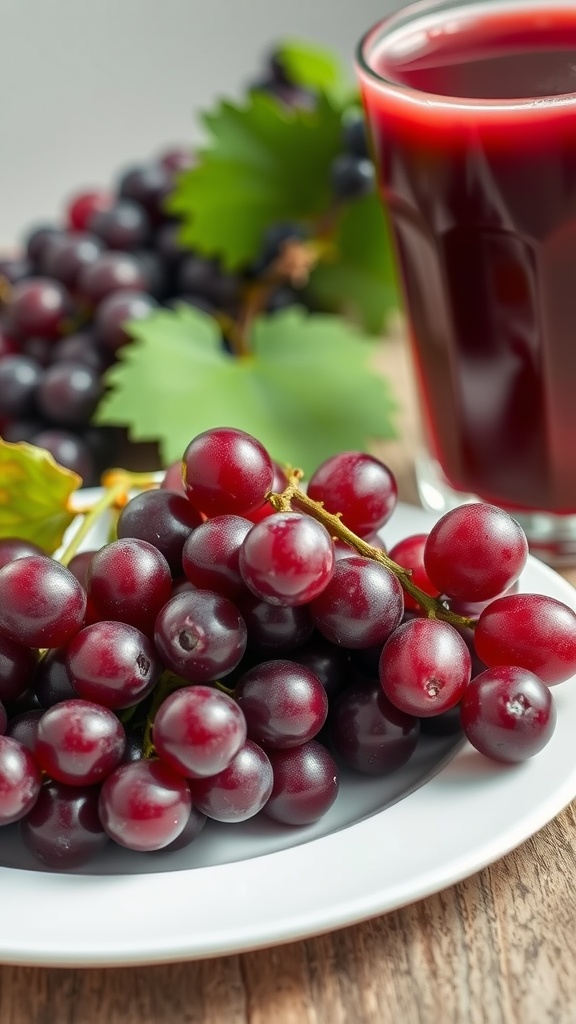 A plate of fresh red grapes next to a glass of grape juice, showcasing the health benefits of antioxidants in grapes.