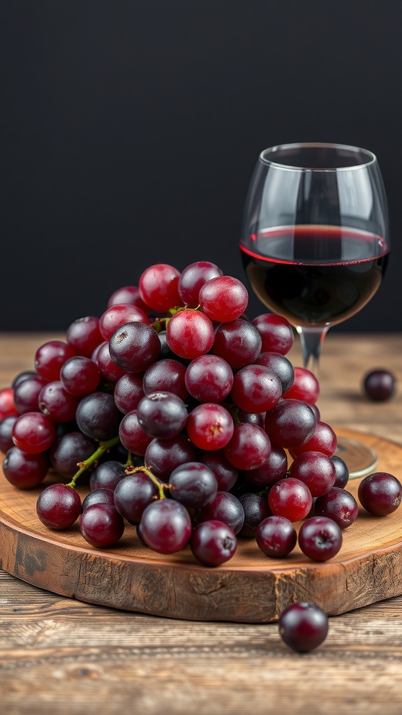 A bunch of red grapes next to a glass of red wine on a wooden surface