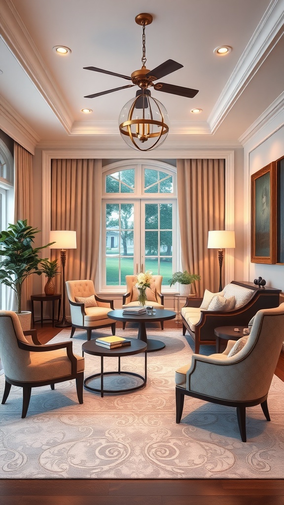 A refined executive office space featuring elegant furniture and a cozy atmosphere.