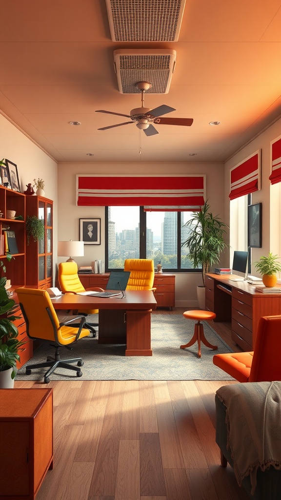 A bright and inviting executive office with retro vintage design featuring warm colors and stylish furniture.