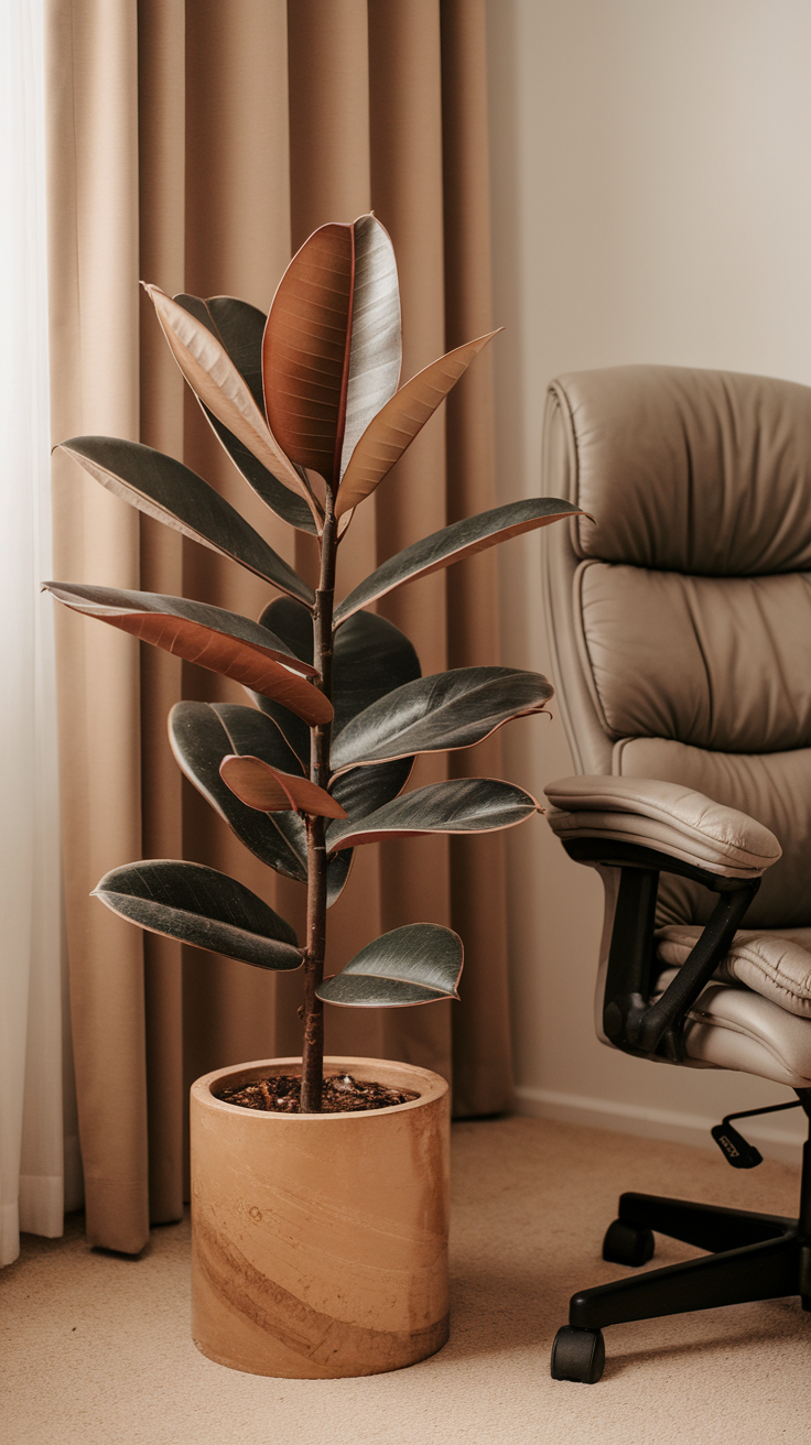 A rubber plant with large, glossy leaves in a modern pot, next to an office chair.