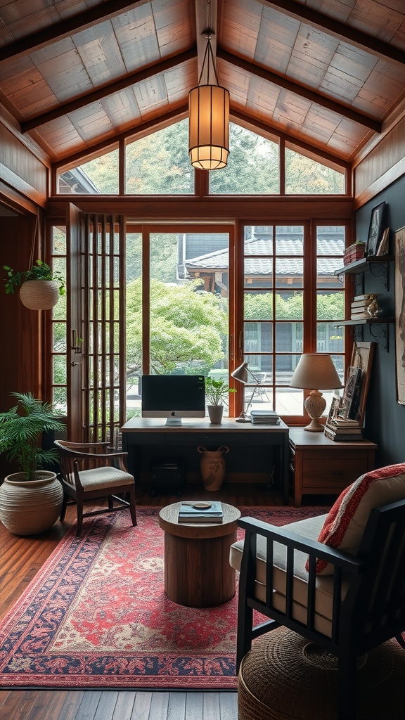 A cozy home office with wooden beams, large windows, and a rustic design, showcasing a blend of traditional and modern Asian architecture.