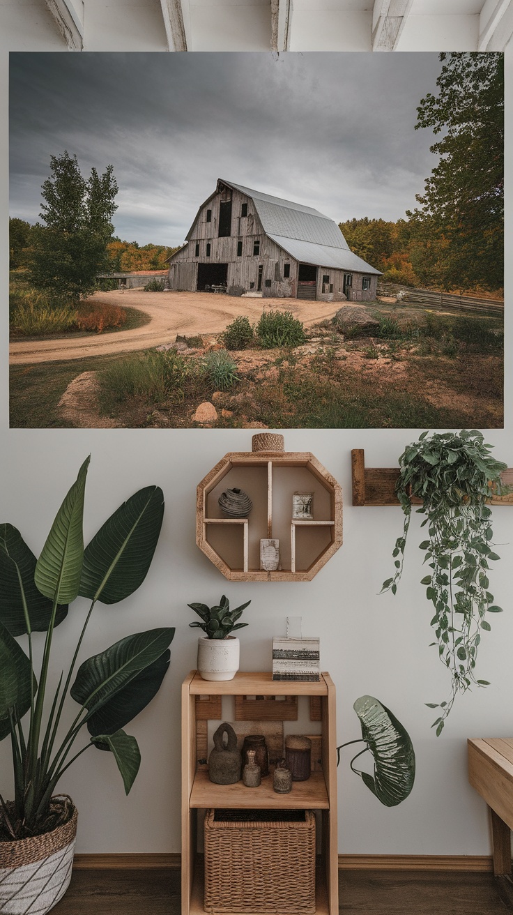 Rustic landscape with an old barn surrounded by trees and a gravel path, displayed in a cozy home office setting.