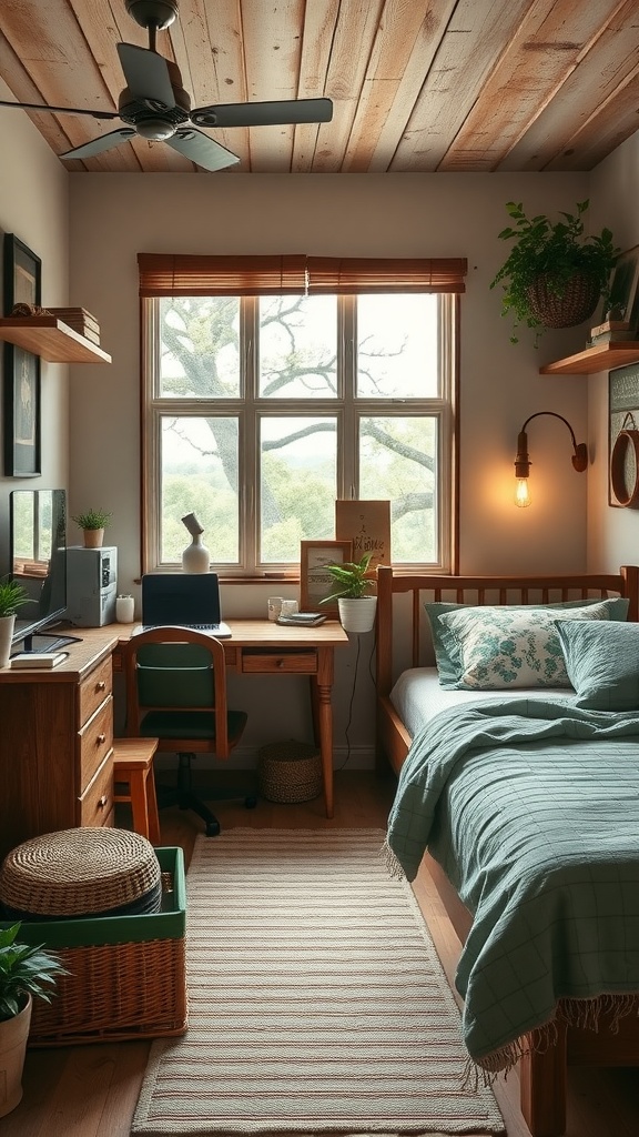 A cozy bedroom office with wooden ceiling, desk, and bed, featuring earthy accents and plants.