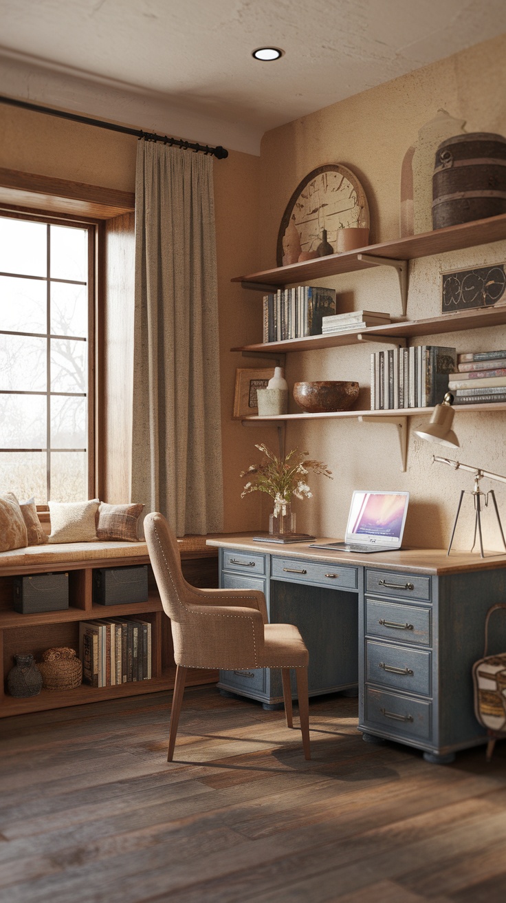 A cozy rustic farmhouse home office featuring a desk, comfortable chair, and natural decor.