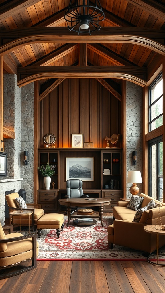 Rustic lodge office interior featuring wooden beams, stone accents, and luxury furniture