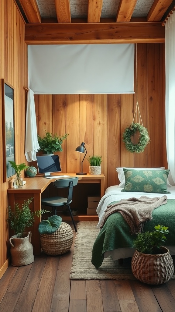 A cozy home office featuring rustic oak walls, a small desk with a chair, green bedding, and several potted plants.