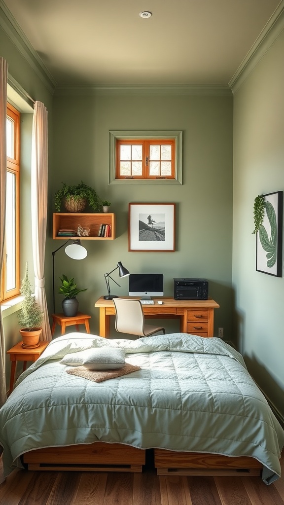 Cozy bedroom with sage green walls, wooden furniture, and a small desk area.