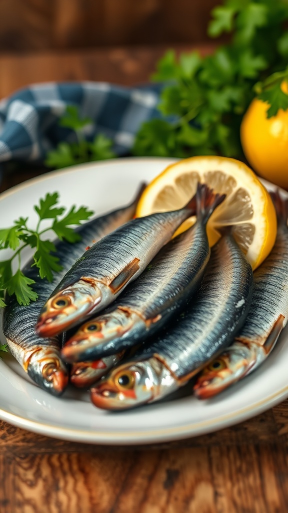 A plate of fresh sardines garnished with lemon and parsley