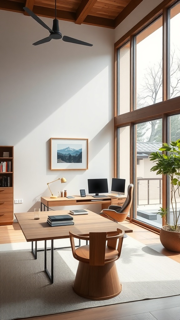 A modern home office featuring Scandinavian and Asian architectural elements with large windows, wooden furniture, and indoor plants.