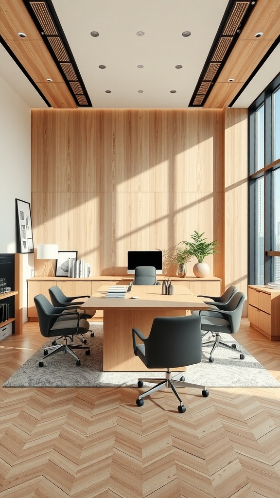 A modern executive office featuring wood paneling, a large desk, and stylish chairs, with natural light illuminating the space.