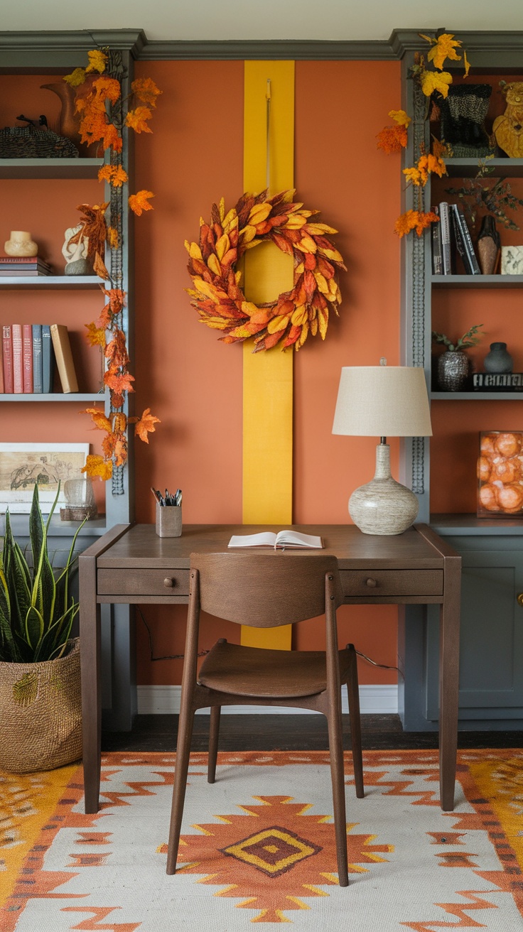 A cozy home office with autumn decor, featuring a wooden desk, a wreath of colorful leaves, and a warm color palette.