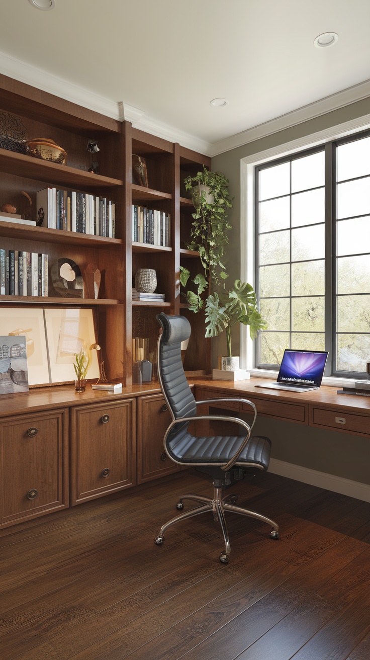 Cozy secondary home office with built-in shelves, a desk, and modern decor.