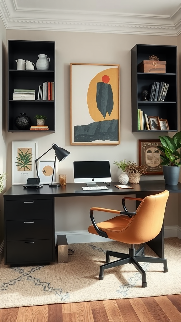 A stylish desk setup with a computer, orange chair, and decorative shelves.