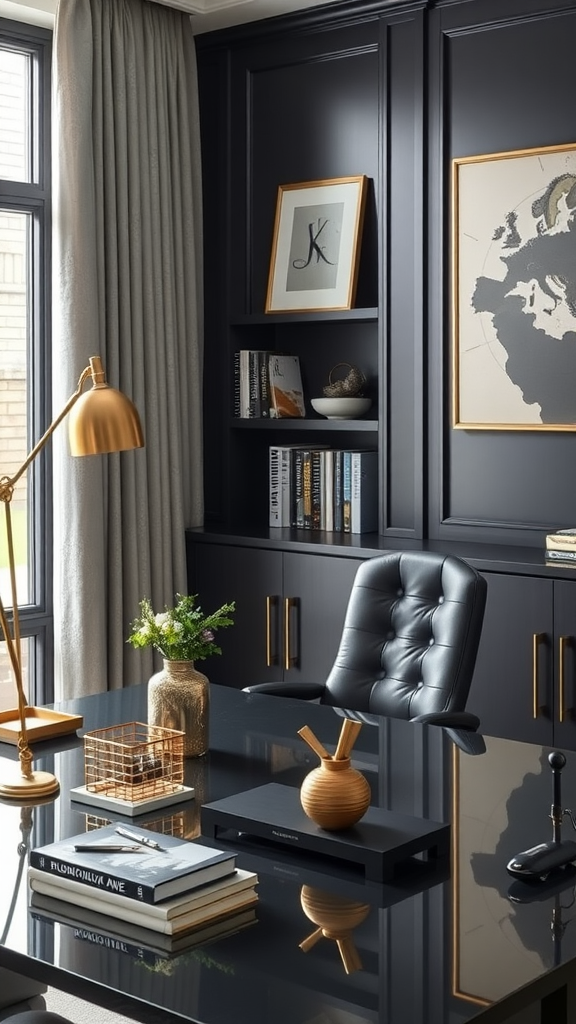 A stylish office desk featuring a black chair, gold lamp, and organized accessories.