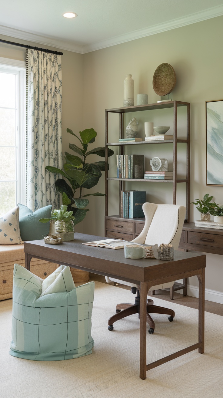 A stylish and serene home office featuring a wooden desk, plush seating, and decorative accents.