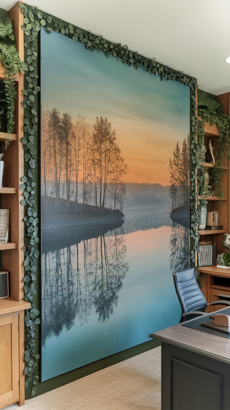 A serene lake reflection artwork in a home office, featuring trees and a sunset.