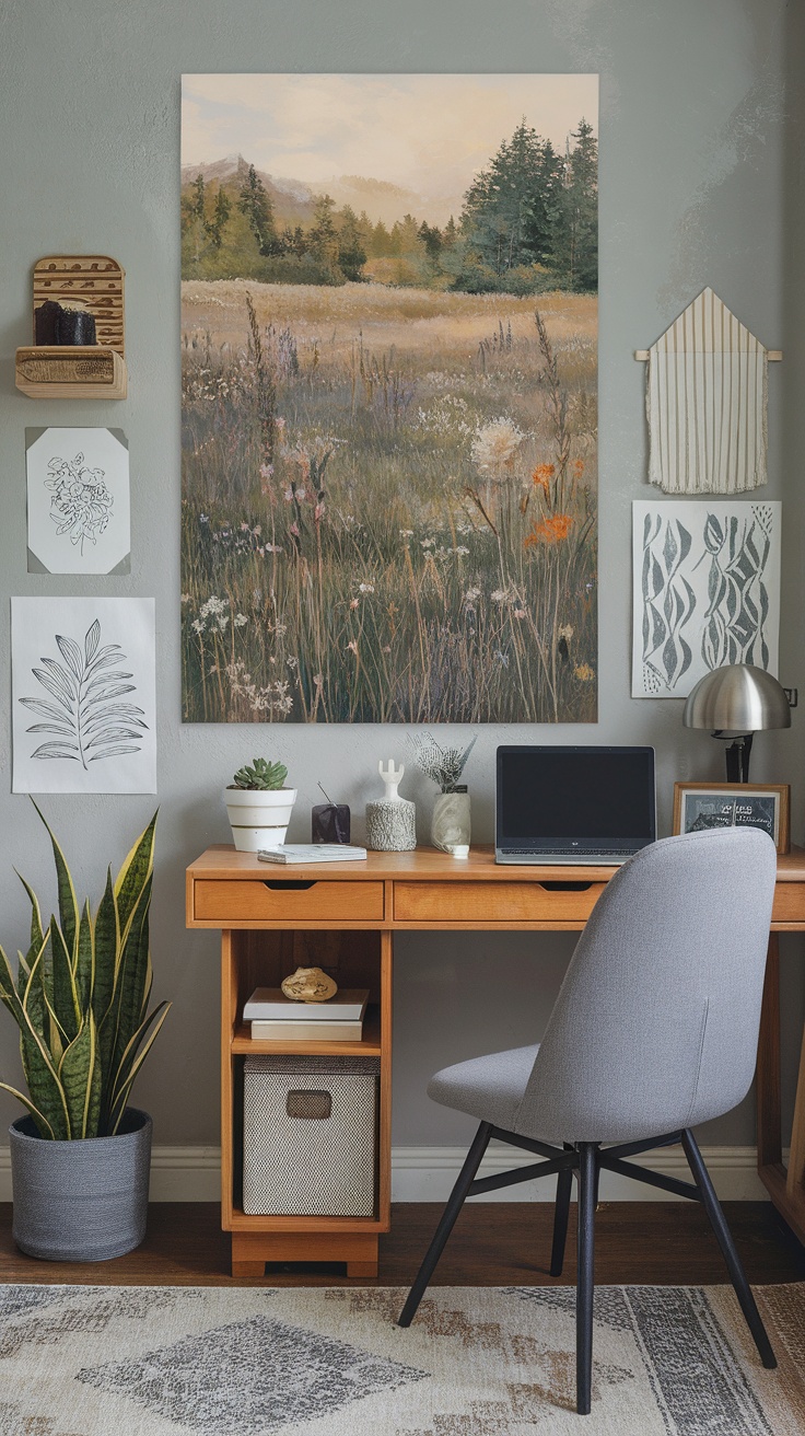 A serene meadow painting above a modern home office desk with plants and decor.