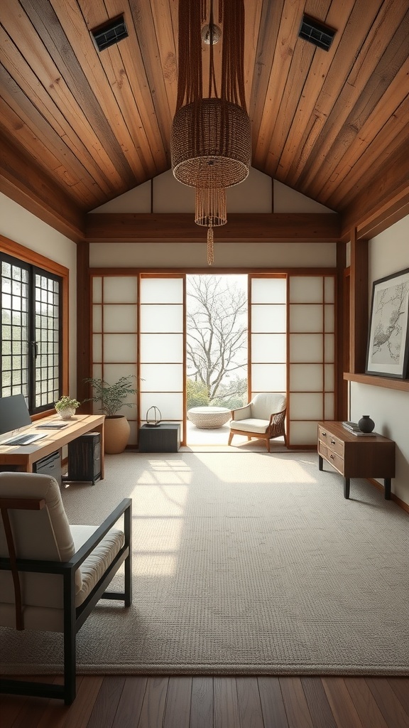 A serene home office with wooden beams, shoji screens, and minimalist decor, inspired by Shinto shrine aesthetics.
