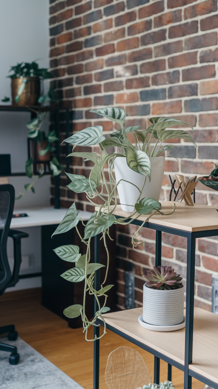 A beautiful silver pothos plant with patterned leaves in a modern interior setting.