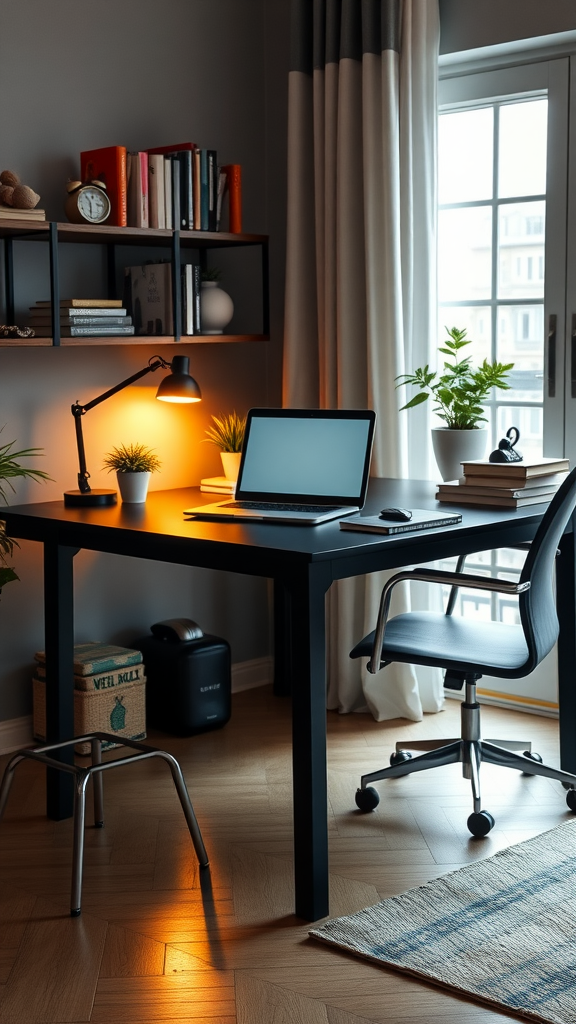 A modern workspace featuring a sleek black desk with a laptop, a lamp, books, and plants.