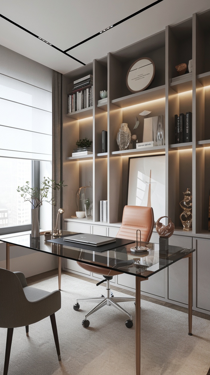 A sleek glass desk setup in a modern home office with built-in shelves and stylish decor.