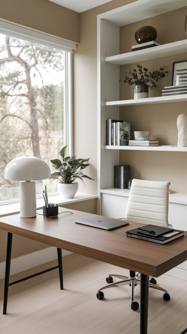 A modern and stylish home office setup featuring a minimalist desk, a comfortable chair, and natural light from a large window.