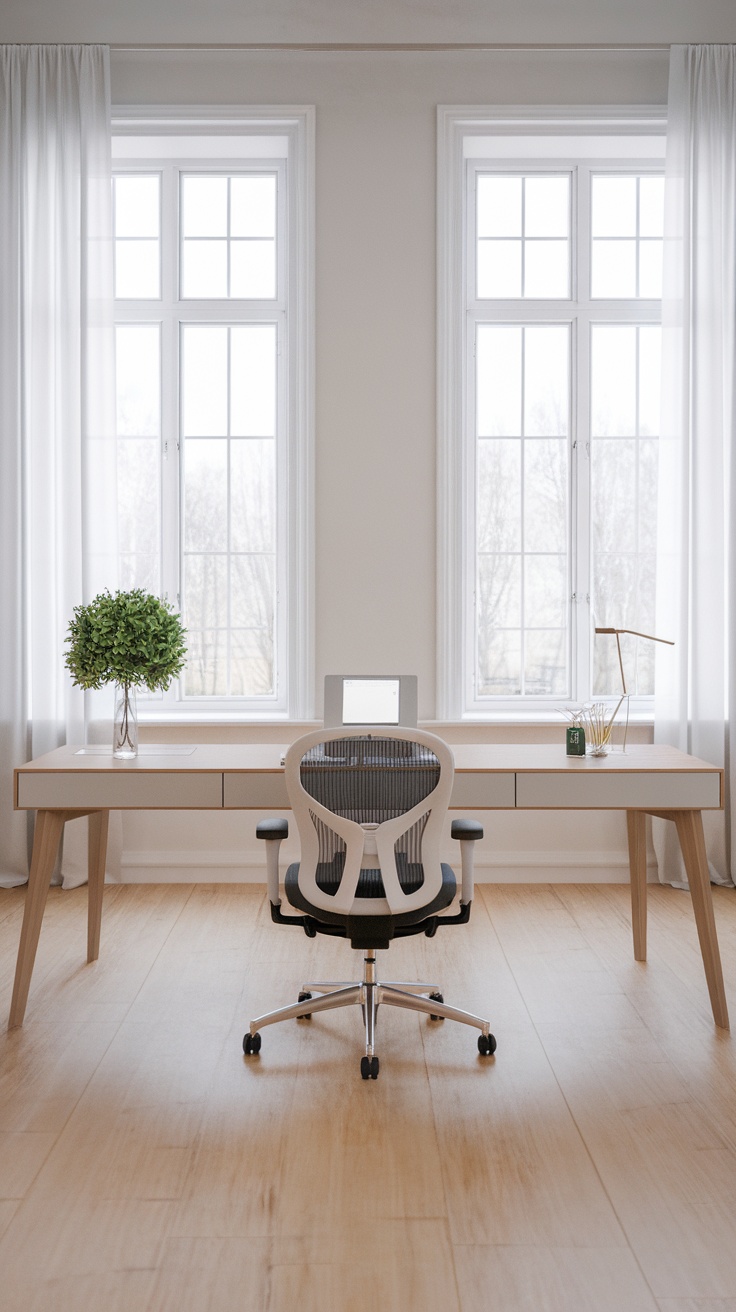 A minimalist home office setup with a sleek desk, ergonomic chair, and natural light from large windows.