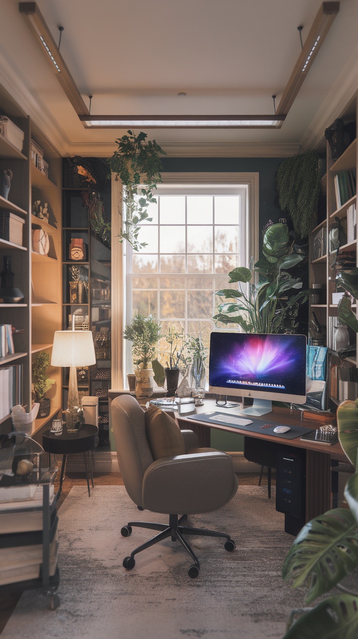 A cozy and well-lit home office featuring a desk, computer, plants, and bookshelves.