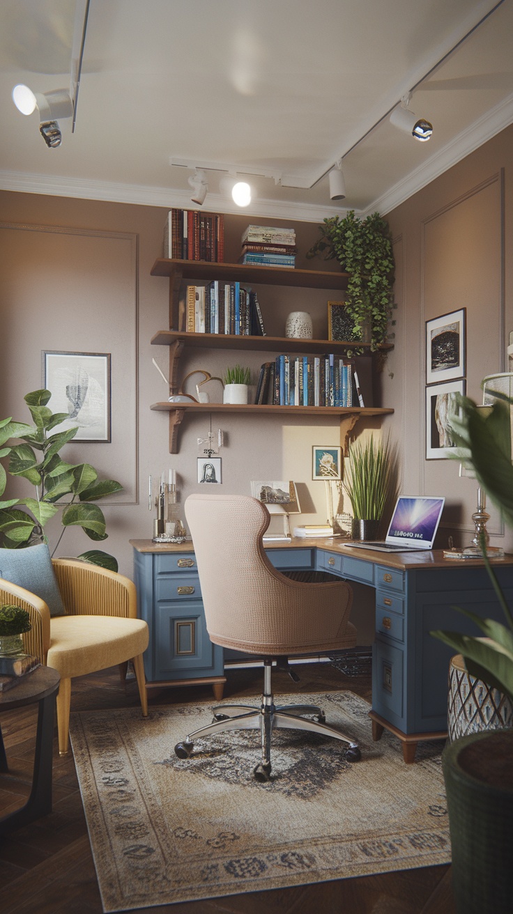 A cozy home office featuring a blue desk with built-in storage, a comfortable chair, and shelves filled with books and plants.