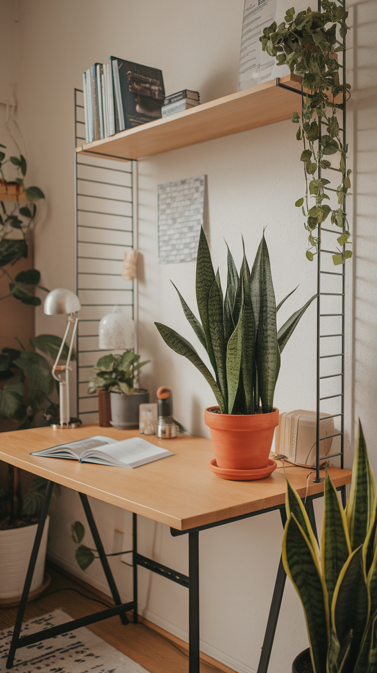 A snake plant in a terracotta pot on a desk with books and a lamp.