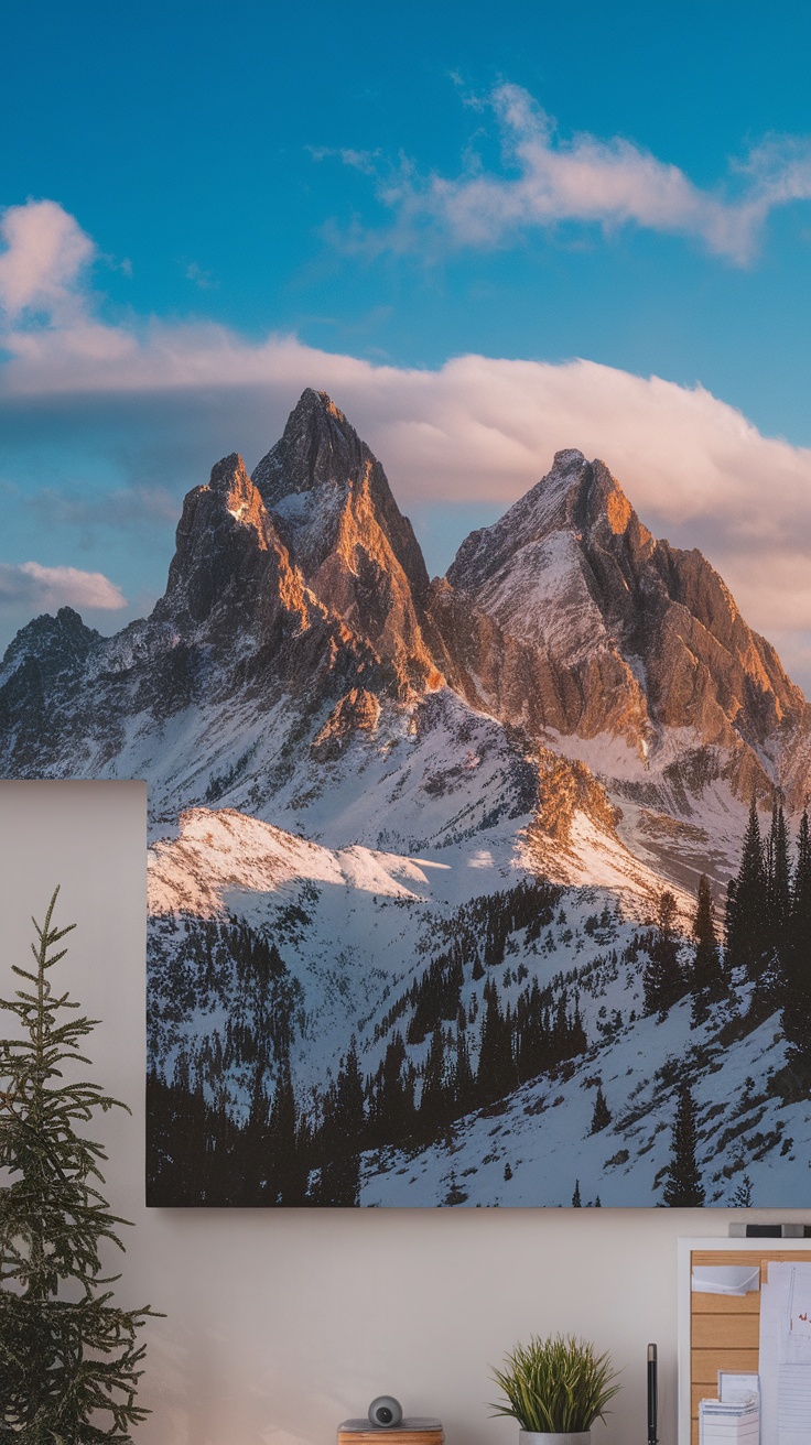 A stunning landscape of snowy mountain peaks under a clear blue sky, ideal for office wall art.