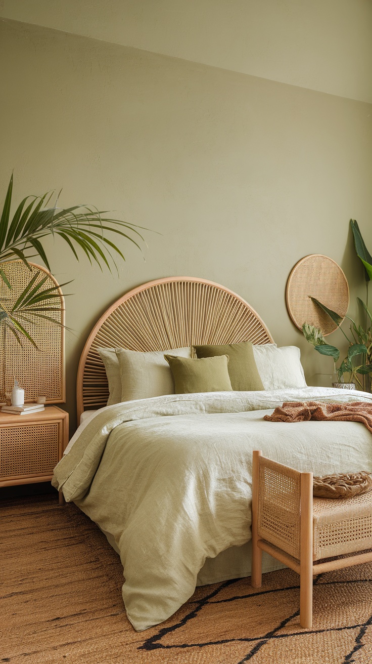 Cozy bedroom office with olive tones and natural textures, featuring a bed, desk, and plants.