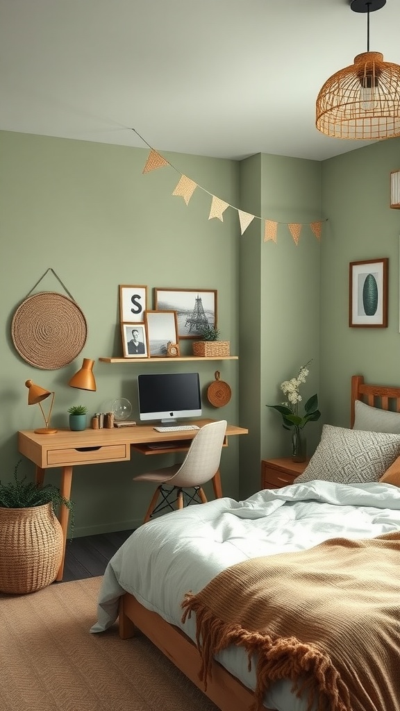 A soft sage bedroom featuring a cozy work desk, jute accents, and a warm aesthetic, ideal for a home office.