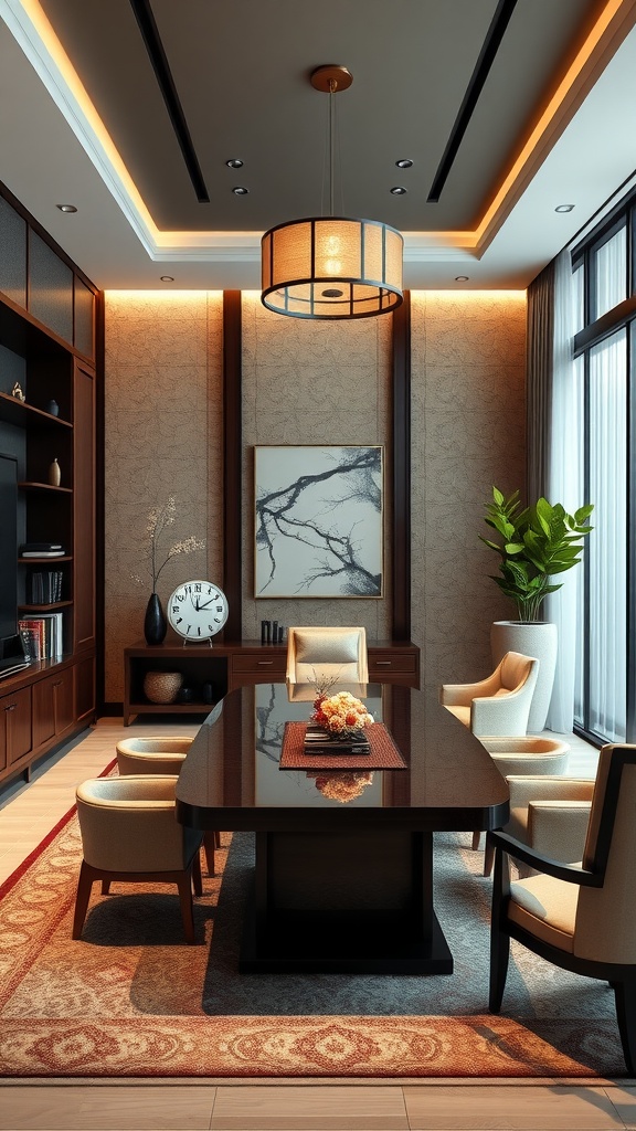 A luxurious executive office designed with Asian fusion style, featuring a sleek black table, elegant chairs, warm lighting, and natural artwork.
