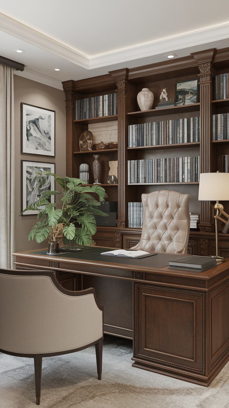 A sophisticated business office featuring a wooden desk, tufted chair, built-in bookshelves, and indoor plants.