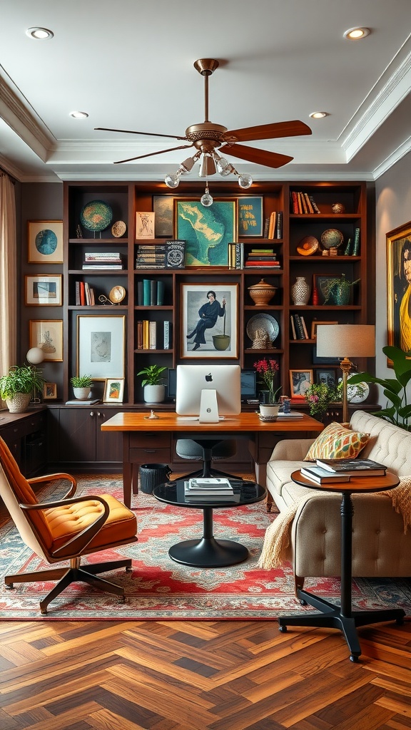 Sophisticated eclectic office interior with modern and classic furnishings, showcasing a blend of colors and textures.
