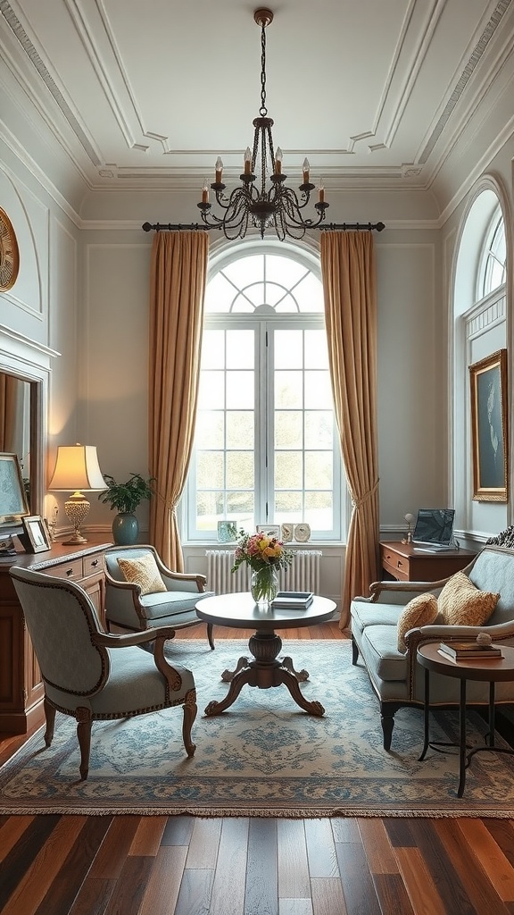 Sophisticated French country style office with elegant furniture and decor