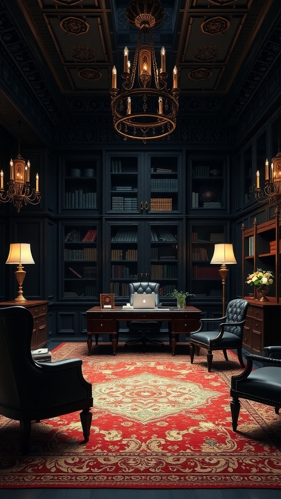 A sophisticated Gothic Revival executive office featuring dark wood accents, ornate chandelier, and luxury furnishings.