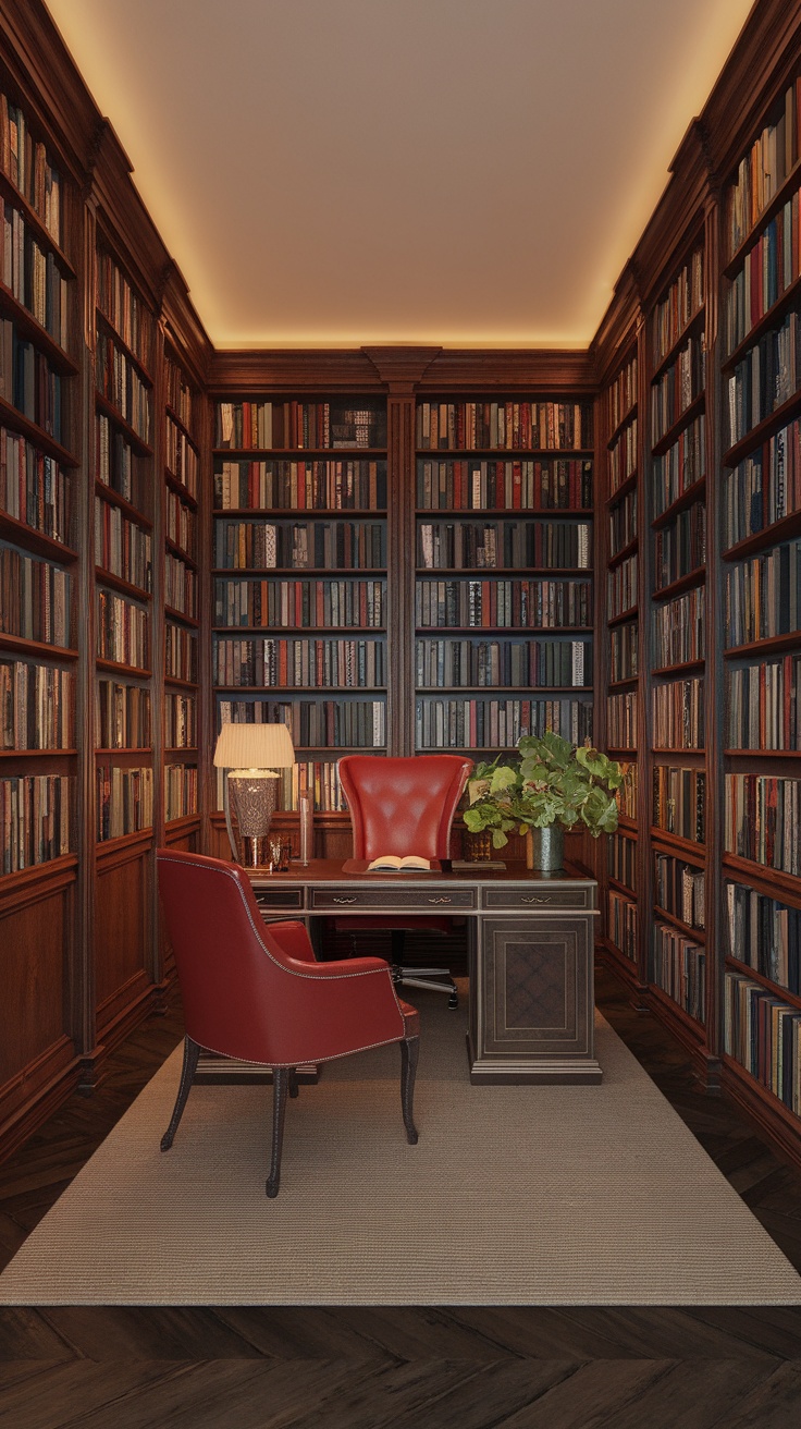 Sophisticated library workspace featuring bookshelves, a wooden desk, and a red office chair