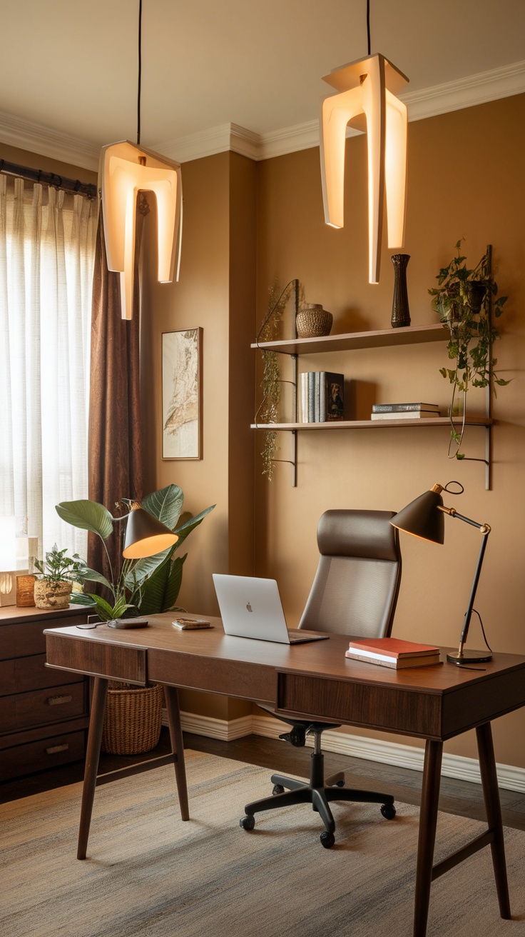 Sophisticated home office with unique lighting fixtures, warm colors, and a modern aesthetic.