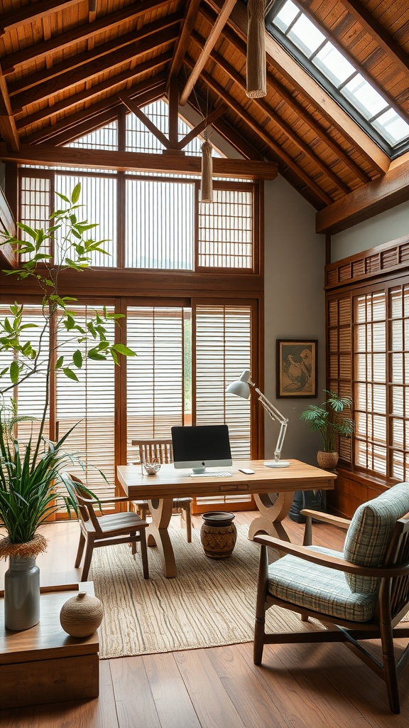 A cozy home office featuring Southeast Asian bamboo design with wooden beams, large windows, and natural decor.