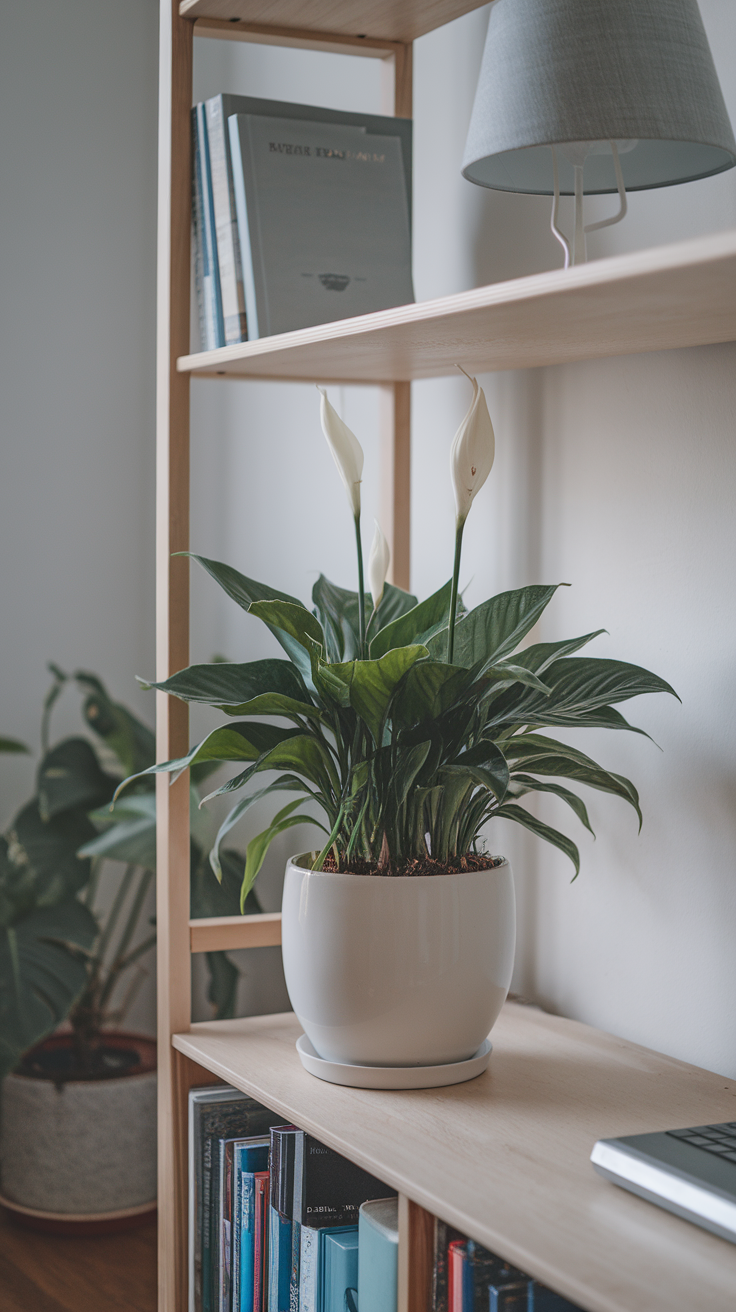 A peace lily plant in a white pot on a wooden shelf, surrounded by books and a lamp.